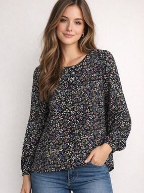 J.Jill XL Floral Long Sleeve Blouse Black Multicolor Lightweight Relaxed Fit